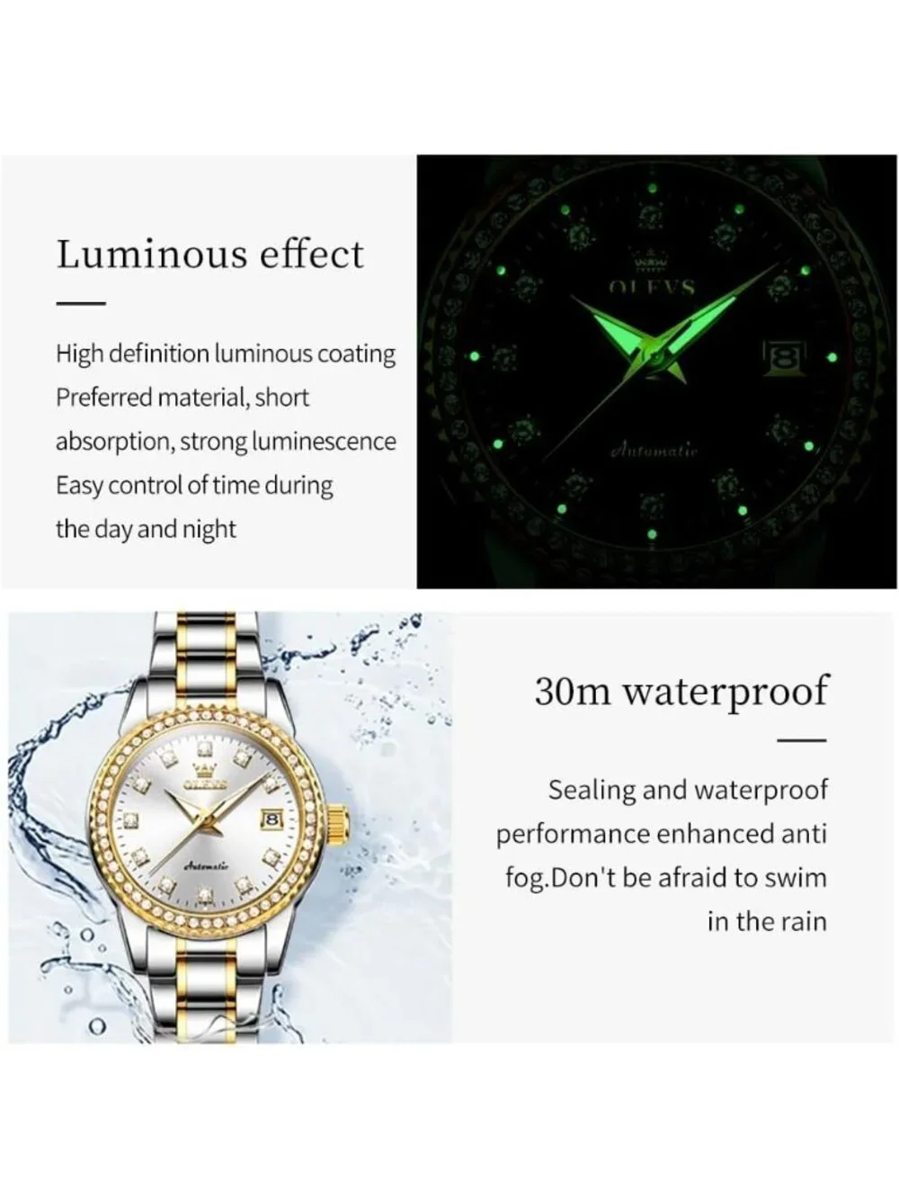 Women's White Automatic Diamond Luxury Mechanical Stainless Steel Wrist Watches